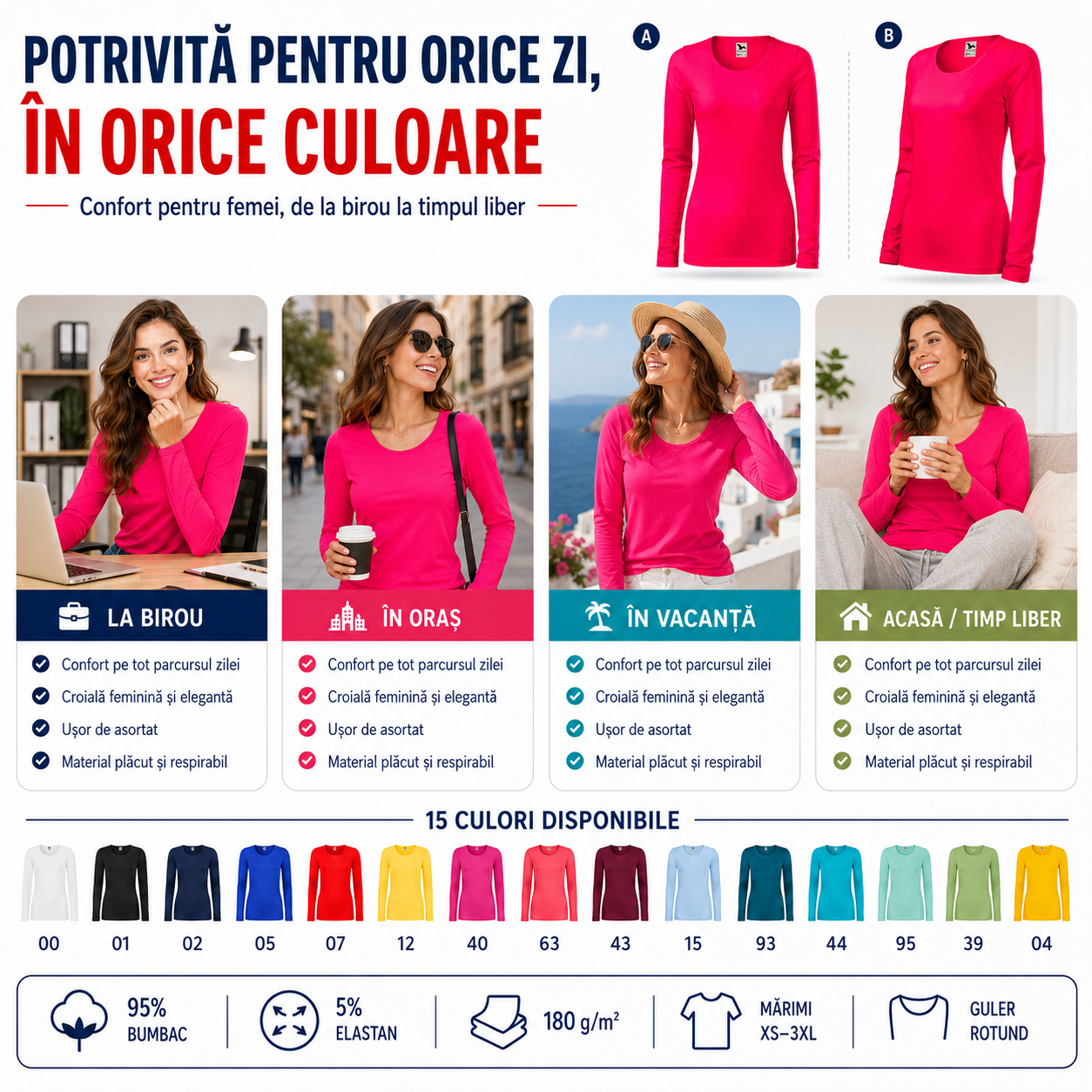 Bluză damă slim cu m&acirc;necă lungă potrivită pentru birou, oraș, vacanță și timp liber